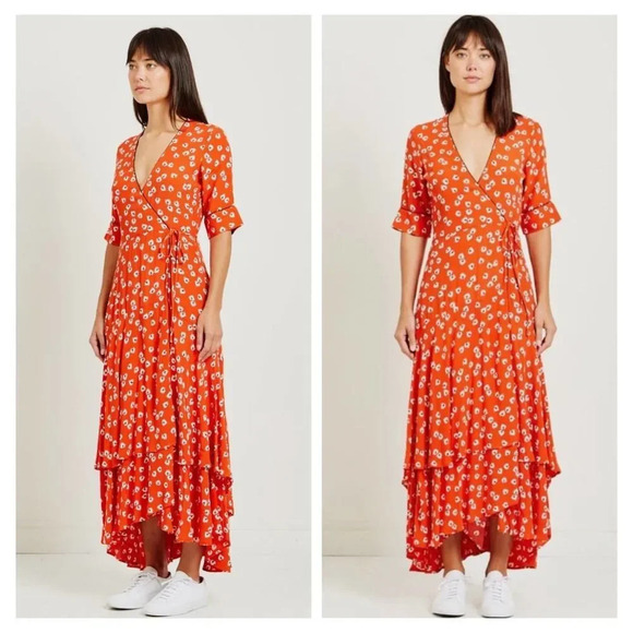 Ganni Crepe Floral Print Midi Wrap Dress in Coral Red Size 8 - Picture 3 of 10